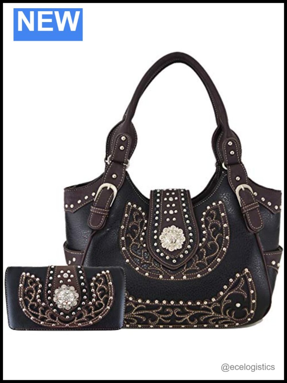 Conceal Carry Shoulder Bag with Matching Wallet Faux Leather Western Rhinestone